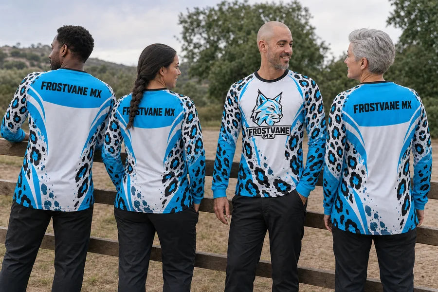 FROSTVANE MX team wearing Glacier Wild shirts. Wooden-fence rear lineup.