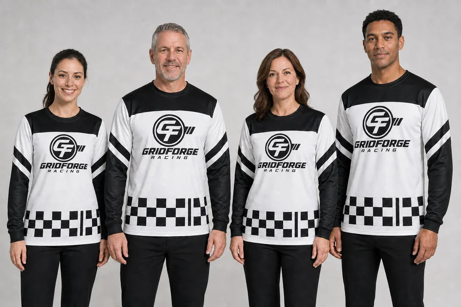 GRIDFORGE RACING team in Mono Finish Stripe shirts.