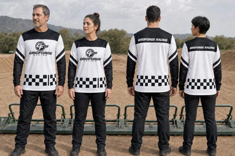 GRIDFORGE RACING team in Mono Finish Stripe shirts.