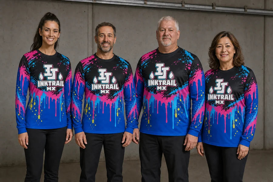 INKTRAIL MX team in Neon Drip Circuit shirts.