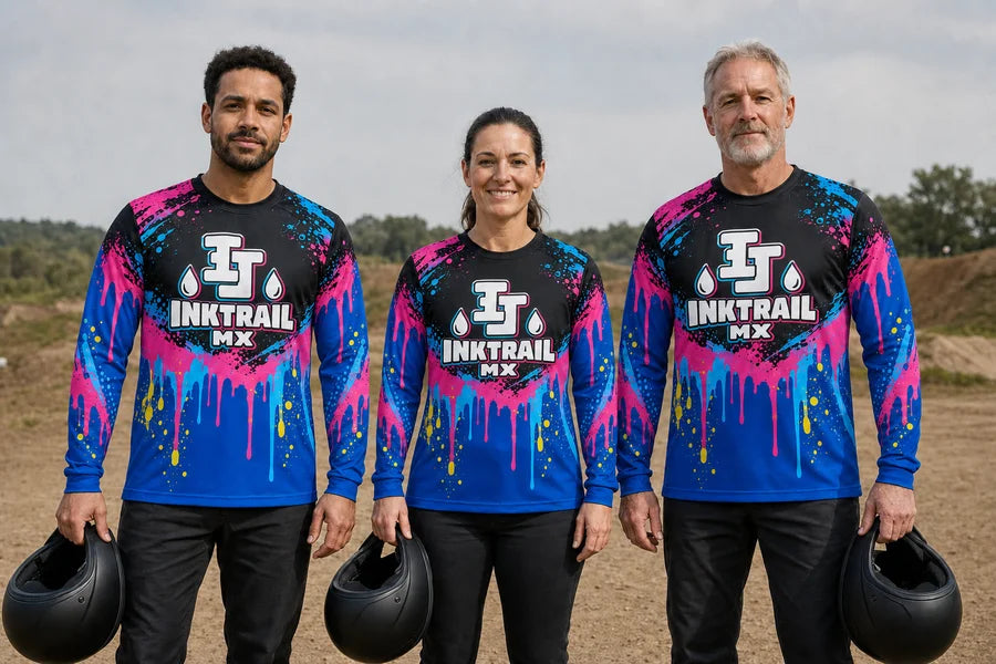 INKTRAIL MX team in Neon Drip Circuit shirts.