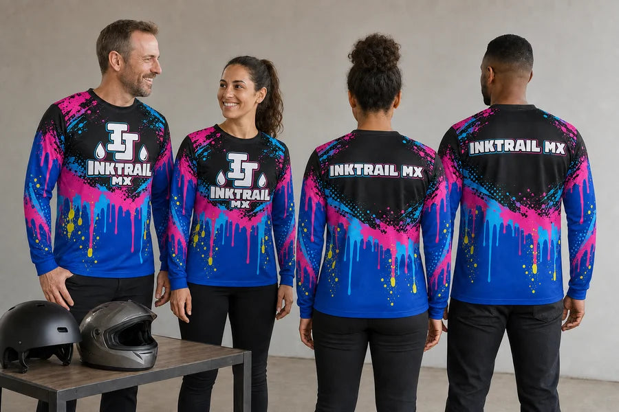 INKTRAIL MX team wearing Neon Drip Circuit shirts. Equipment-table huddle.