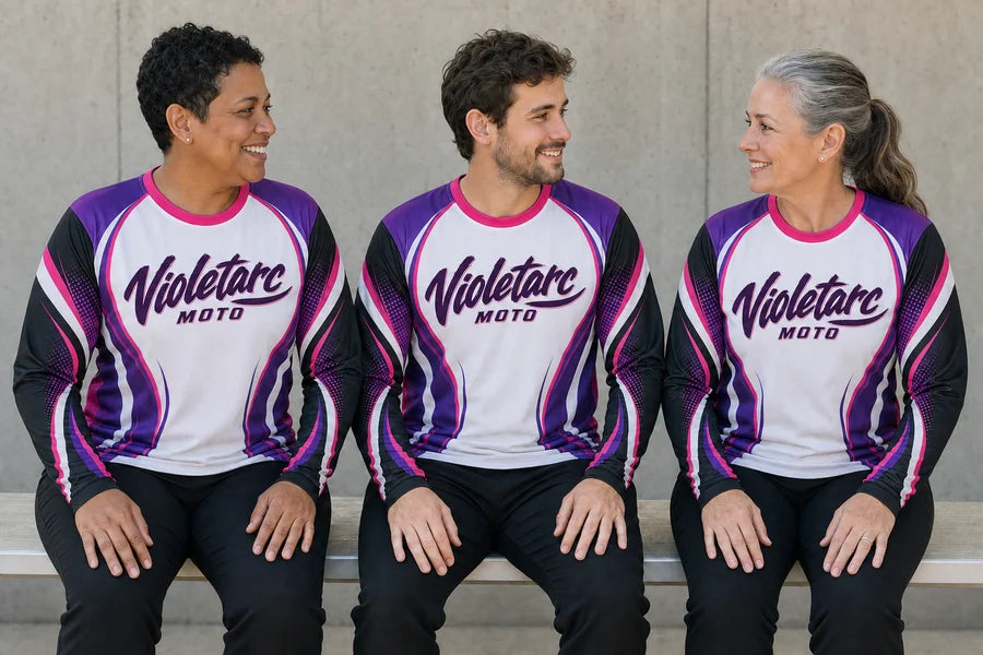 VIOLETARC MOTO team in Orchid Flowline shirts.