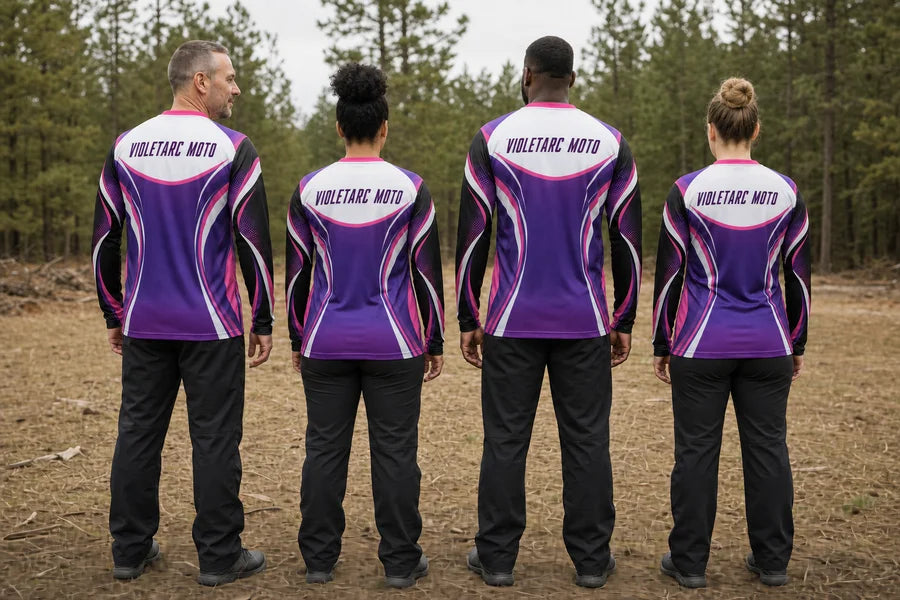 VIOLETARC MOTO team wearing Orchid Flowline shirts. Pine-clearing rear lineup.