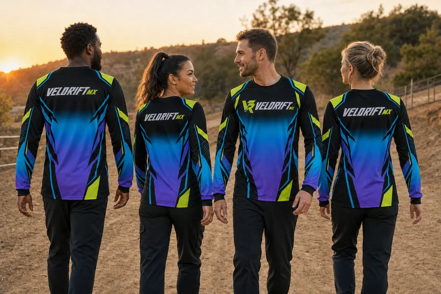 VELORIFT MX team wearing Prism Race Horizon shirts. Ridge-path team walk.