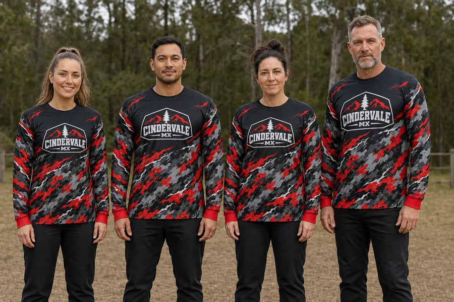 CINDERVALE MX team in Redwood Camo Drift shirts.
