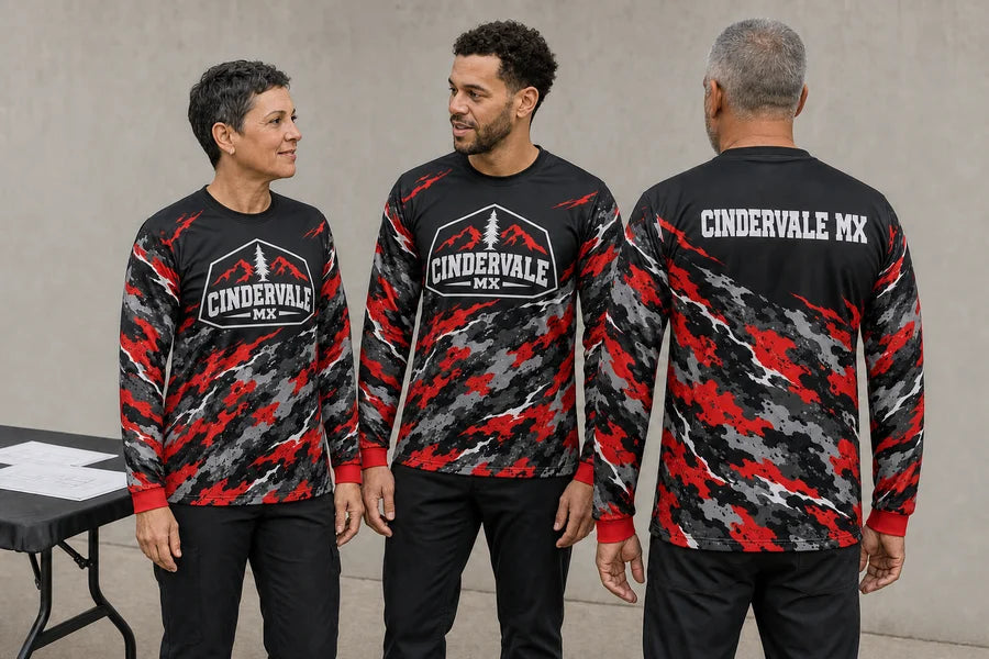 CINDERVALE MX team in Redwood Camo Drift shirts.