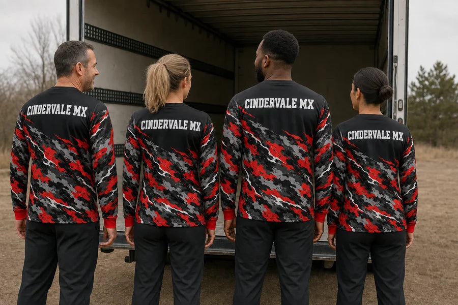 CINDERVALE MX team wearing Redwood Camo Drift shirts. Transport-tailgate gathering.